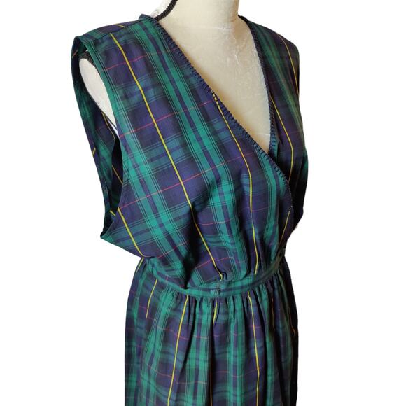 NOS 80s Vintage Women Sz 14 Bechamel Green Blue Plaid Maxi Wrap Dress Sleeveless - Picture 3 of 9